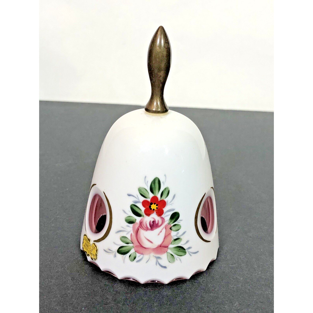 Hand Bell China with Brass Handle Pink Inside Cutouts Hand Painted Floral Design